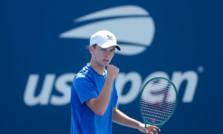 Great Britain's Charlie Robertson gives a fist pump in the boys' singles at the US Open