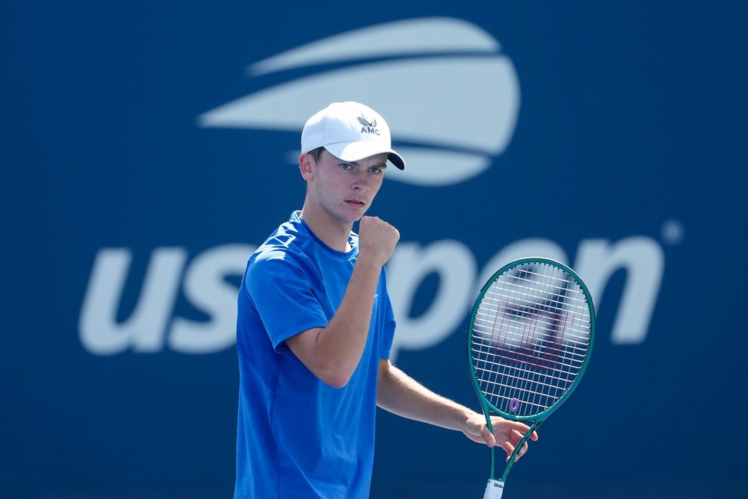 Great Britain's Charlie Robertson gives a fist pump in the boys' singles at the US Open