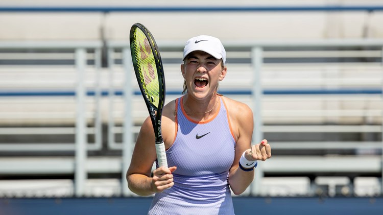 Mika Stojsavljevic celebrates reaching the semi-finals of the girls' singles at the US Open