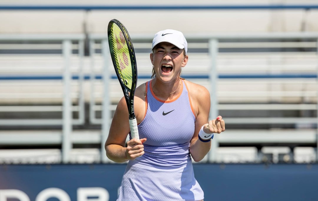 Mika Stojsavljevic celebrates reaching the semi-finals of the girls' singles at the US Open