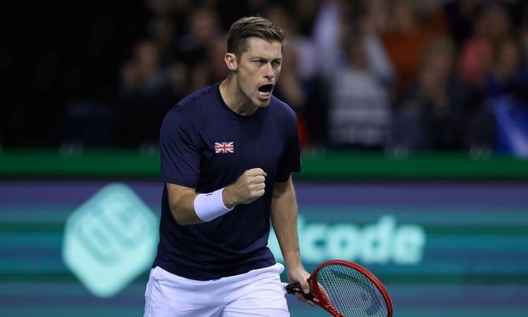 Great Britain's Neal Skupski celebrating a shot on court at the 2022 Davis Cup