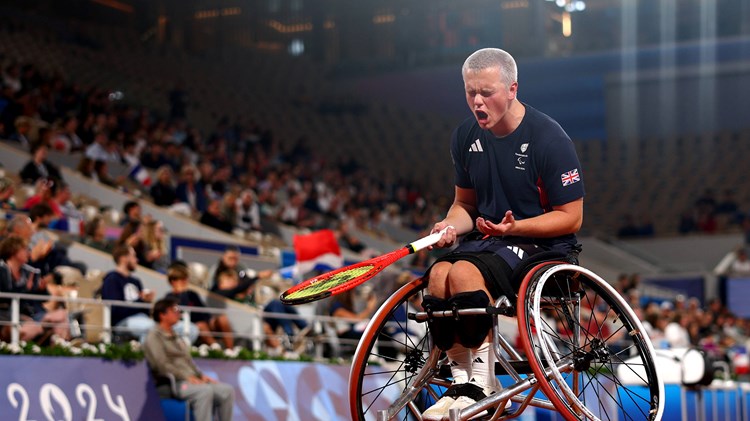 Ben Bartram of Team Great Britain or Paralympics GB celebrates a point as he compete against Guilhem Laget of Team France during their Men's Singles First Round match on day two of the Paris 2024 Summer Paralympic Games at Roland Garros on August 30, 2024 in Paris, France. 