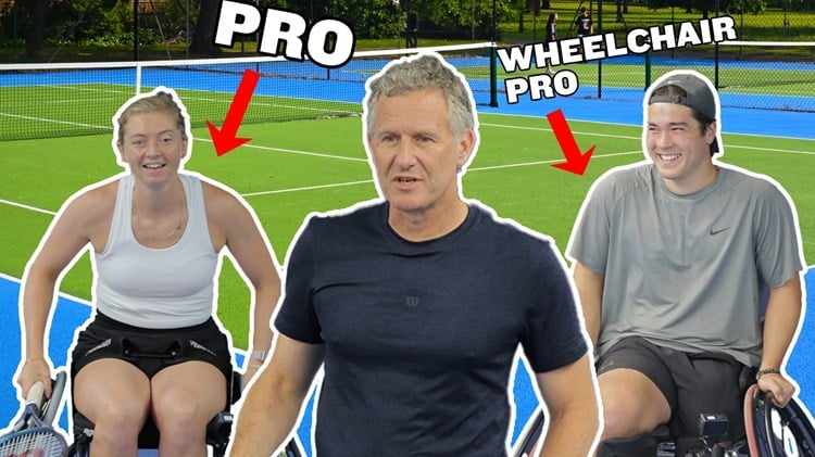 Adam Hills, Alicia Barnett and Dahnon Ward playing wheelchair tennis in a challenge video