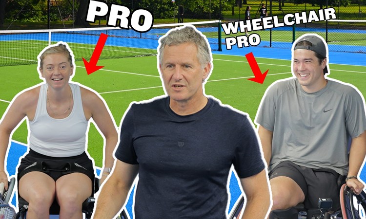 Adam Hills, Alicia Barnett and Dahnon Ward playing wheelchair tennis in a challenge video