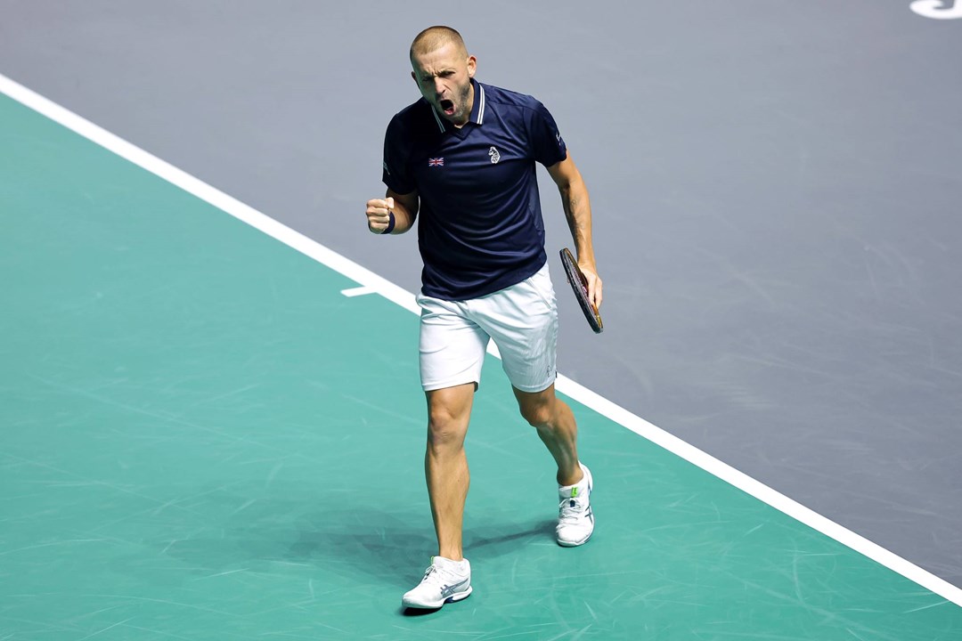 Dan Evans celebrates a singles victory against Finland at the Davis Cup