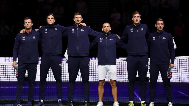 The GB Davis  Cup team lined up before the first match singing the anthem.