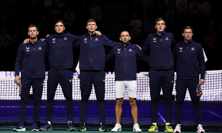 The GB Davis  Cup team lined up before the first match singing the anthem.