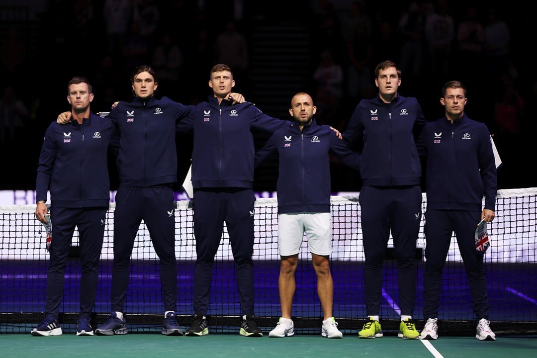 The GB Davis  Cup team lined up before the first match singing the anthem.