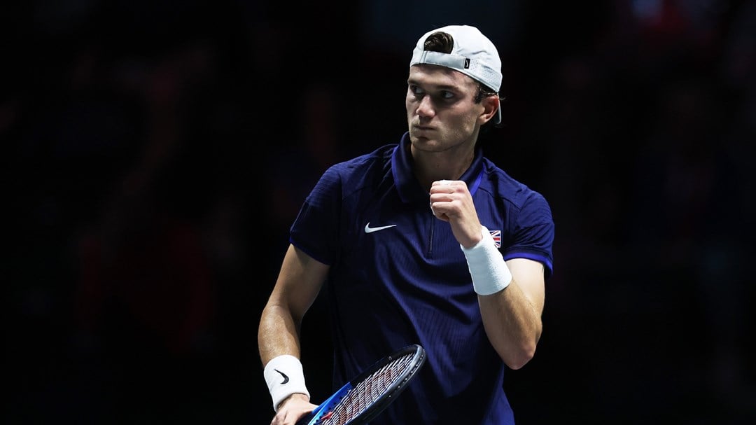 Jack Draper clenching his fist on court at the Davis Cup