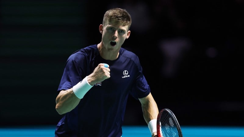 Billy Harris fist pumping in celebration at the Davis Cup