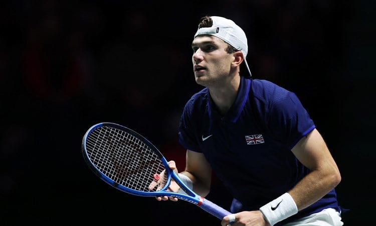 Jack Draper in action during the Davis Cup playing against Francisco Cerundolo