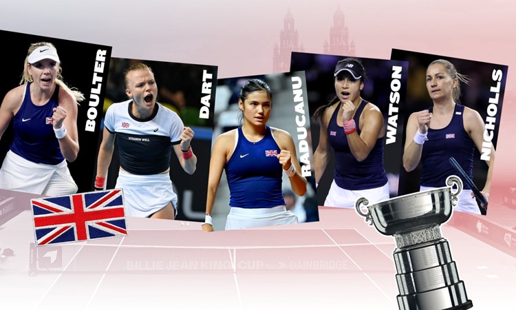 A graphic image of Katie Boulter, Harriet Dart, Emma Raducanu, Heather Watson and Olivia Nicholls as the Billie Jean King Cup Finals team