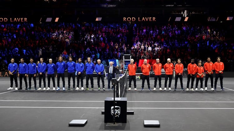 layers of Team Europe and Team World line up alongside Rod Laver and the Laver Cup trophy during Day One of the Laver Cup at The O2 Arena 