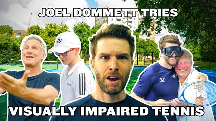 Comedians Adam Hills and Joel Dommett take on Visually Impaired tennis with Ewan Hayward