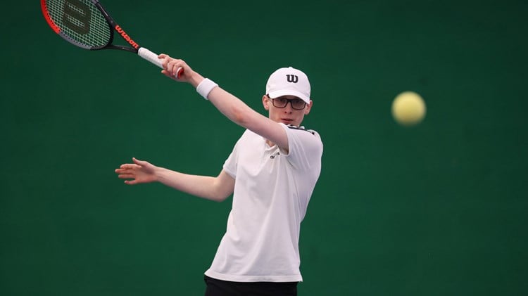 Ewan Hayward competes during the Visually Impaired Tennis National Finals 2023 at Wrexham Tennis Centre on November 19, 2023 in Wrexham, Wales. 