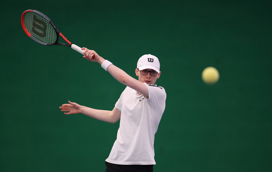 Ewan Hayward competes during the Visually Impaired Tennis National Finals 2023 at Wrexham Tennis Centre on November 19, 2023 in Wrexham, Wales. 