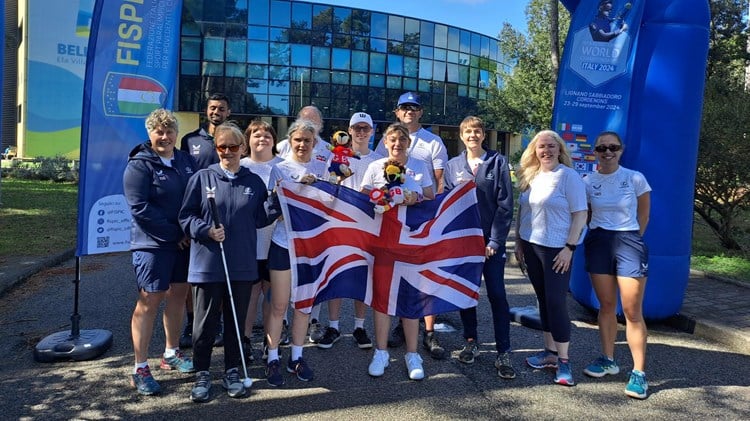 Great Britain's visually impaired tennis team pictured with the Union Jack during the 2024 IBTA Blind World Tennis Championships Lignano Sabbiadoro, Italy