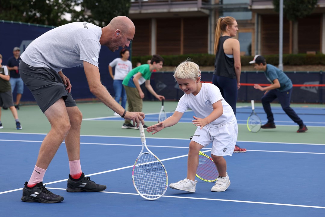 Lewis Fletcher getting involved with drills during the youth session at the Deaf Nationals festival 2022 at the National Tennis Centre