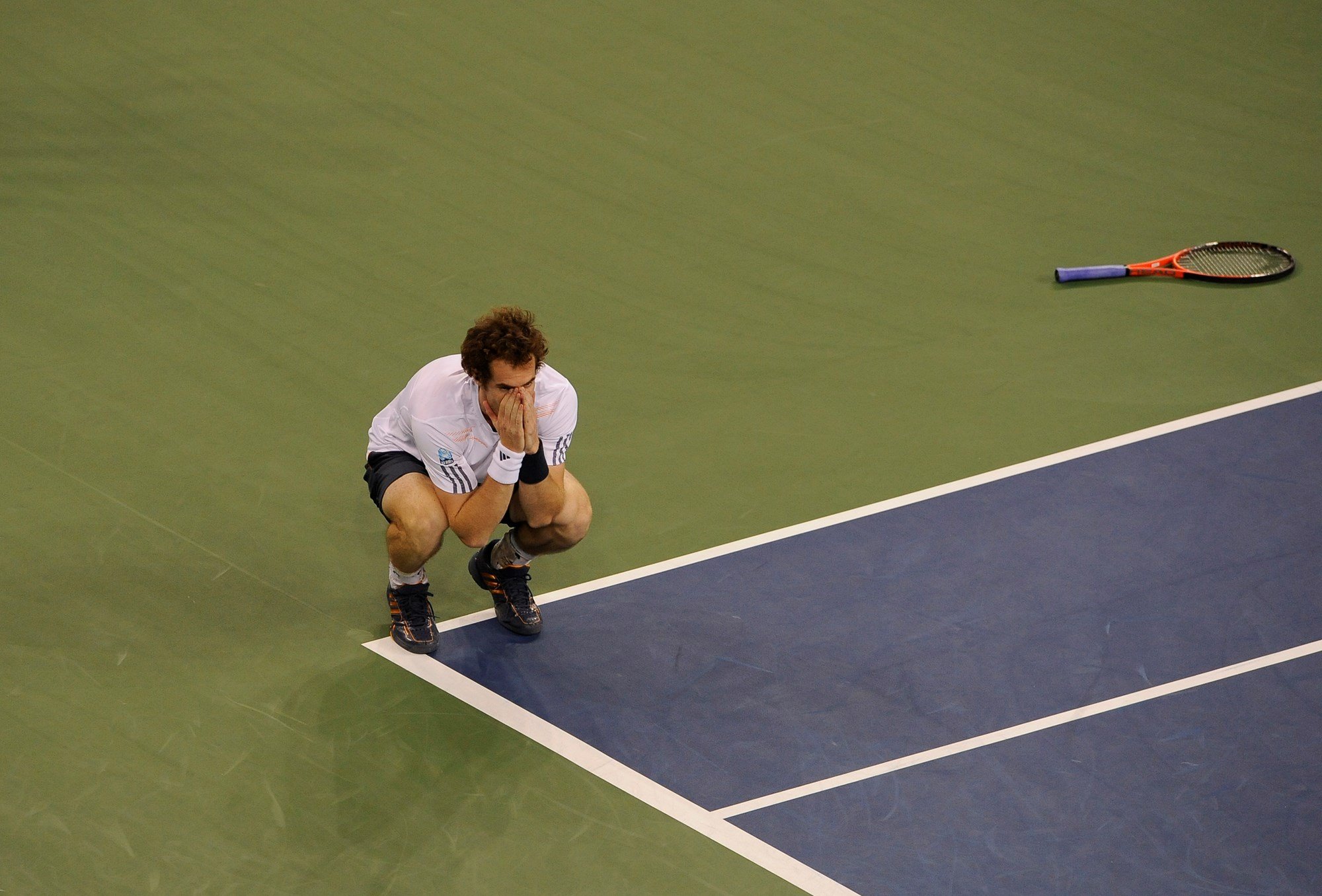 Andy Murray celebrates winning his first Grand Slam title after beating Novak Djokovic in the 2012 US Open final