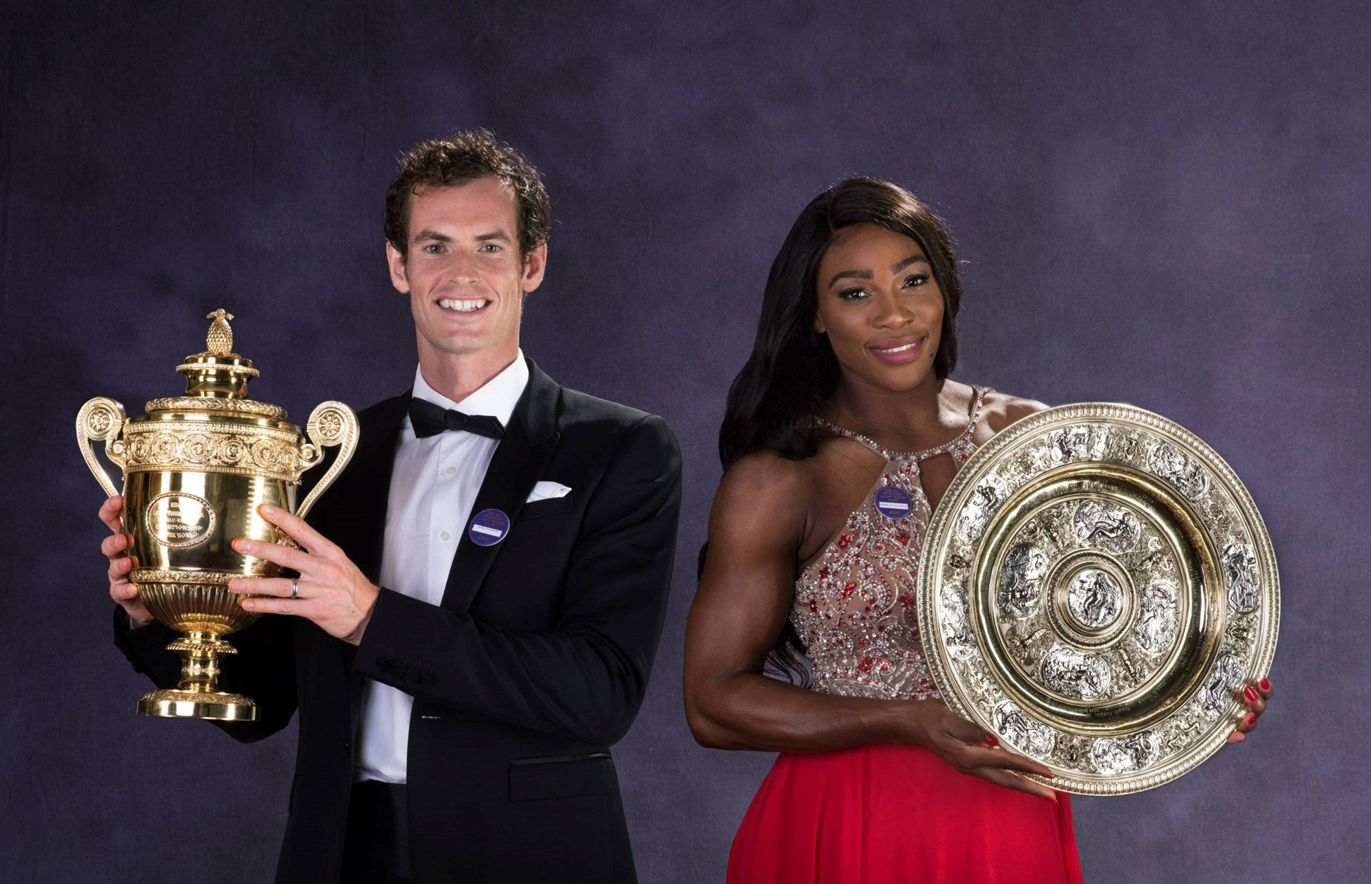 2016 Wimbledon men's singles Tennis Champion Andy Murray of Great Britain and the ladies singles Tennis Champion Serena Williams of the United States pose with the trophies