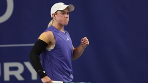 Sonay Kartal clenching her first after winning her second round match against Jodie Burrage at the Lexus W100 Shrewsbury tennis event 