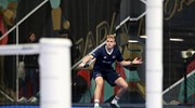 Sam Jones lines up a backhand at the World Padel Championships qualifiers