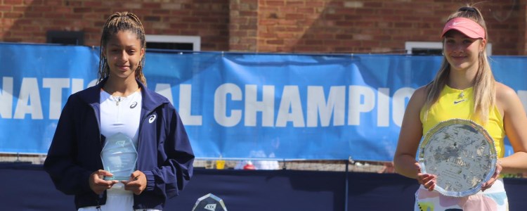 British No.1 Eva Shaw with her 2021 Junior National Championships trophy at Surbiton Tennis Club alongside the runner up