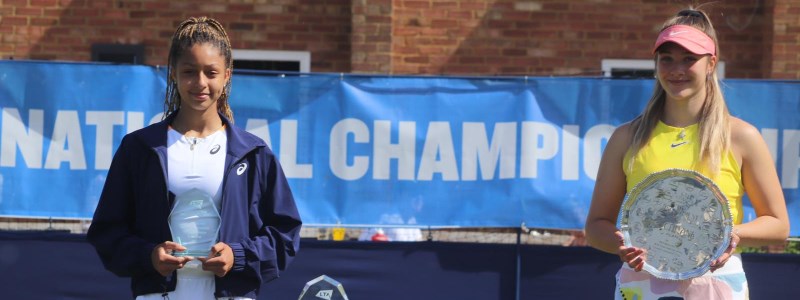 British No.1 Eva Shaw with her 2021 Junior National Championships trophy at Surbiton Tennis Club alongside the runner up