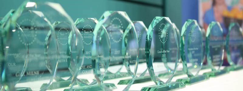 10 clear glass trophies with inscriptions for different awards placed on a table  