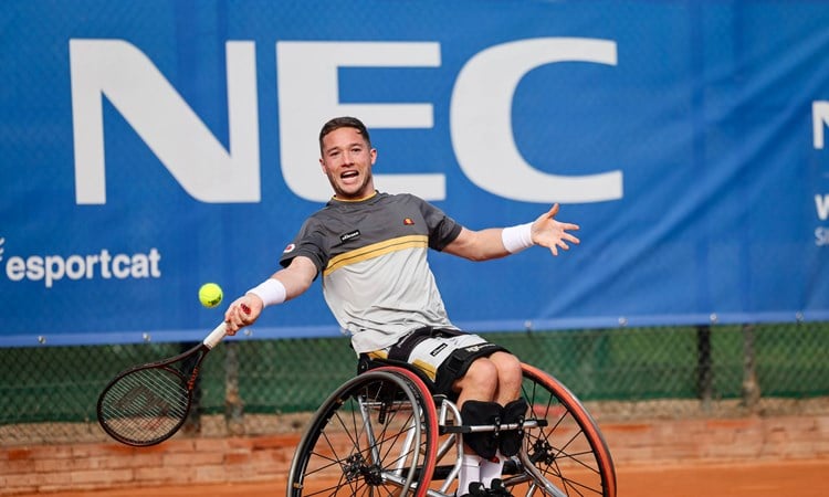 Alfie Hewett hits a forehand at the Wheelchair Masters