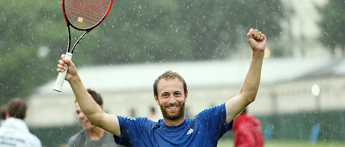 Thomas Rushby celebrating in the rain