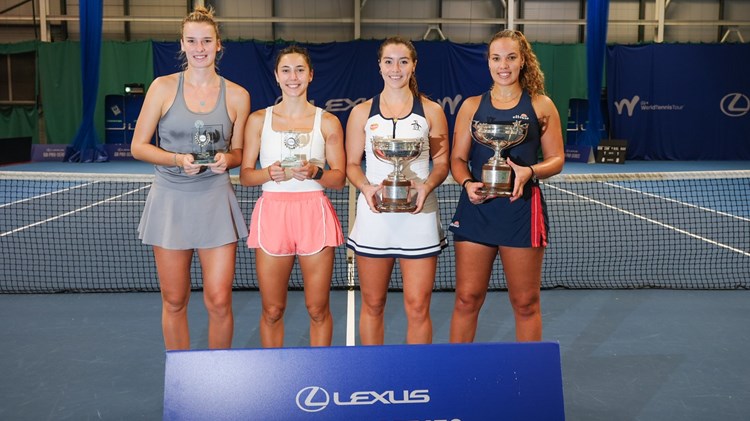 Lexus GB Pro Series Glasgow doubles winners Freya Christie and Jodie Burrage holding their winners trophies while stood next to the runners-up