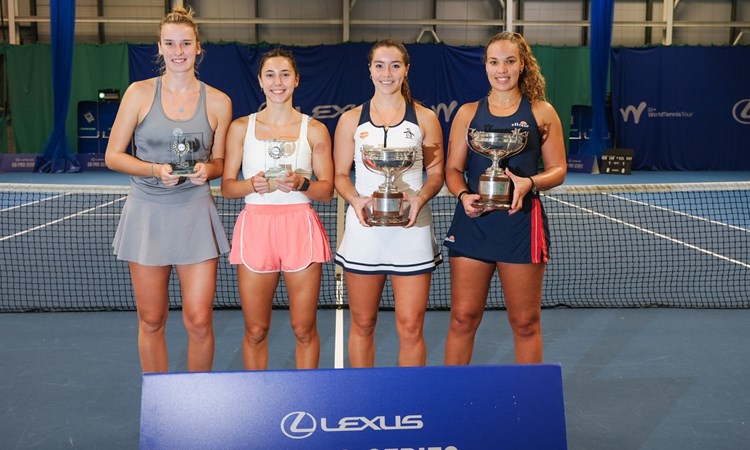 Lexus GB Pro Series Glasgow doubles winners Freya Christie and Jodie Burrage holding their winners trophies while stood next to the runners-up