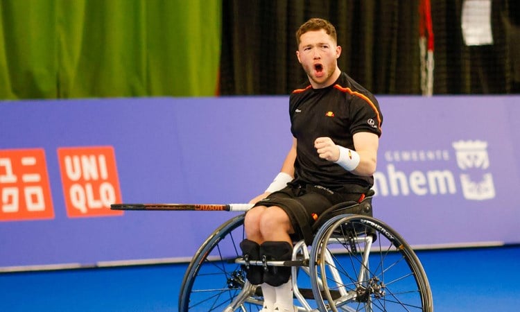 Alfie Hewett gives a fist pump during match action at the Wheelchair Tennis Masters