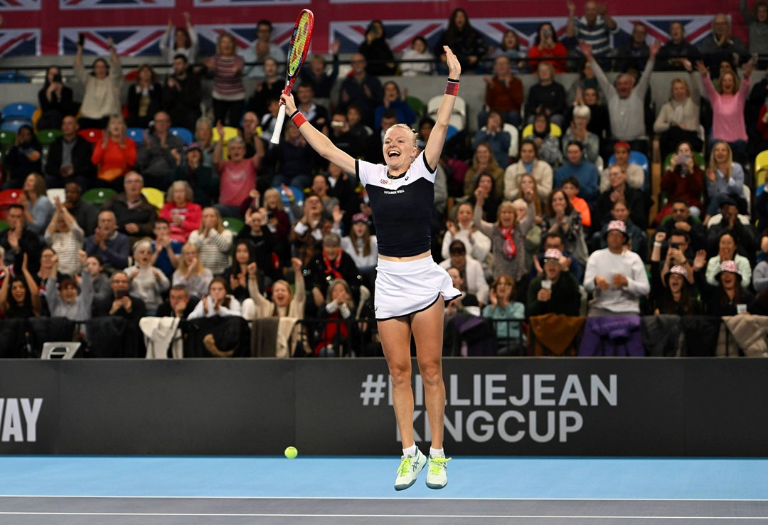 Harriet Dart jumps in celebration as Great Britain defeat Sweden at the Billie Jean King Cup