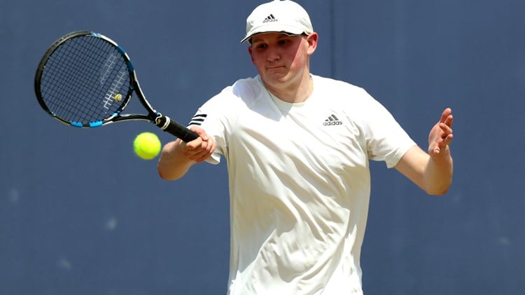 Oliver beadle of Great Britain plays a forehand against Dominic Iannotti of Great Britain during the Men's Learning Disability Exhibition match on Day Five of the cinch Championships at The Queen's Club on June 21, 2024 in London, England. 