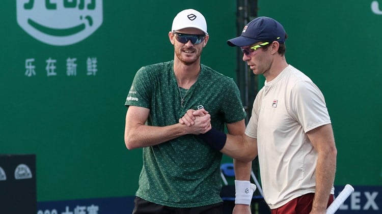 British tennis player Jamie Murray shaking hands with Australian doubles partner  John Peers at the Rolex Shanghai Masters