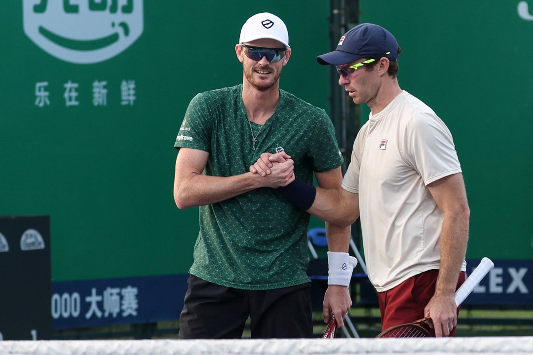 British tennis player Jamie Murray shaking hands with Australian doubles partner  John Peers at the Rolex Shanghai Masters