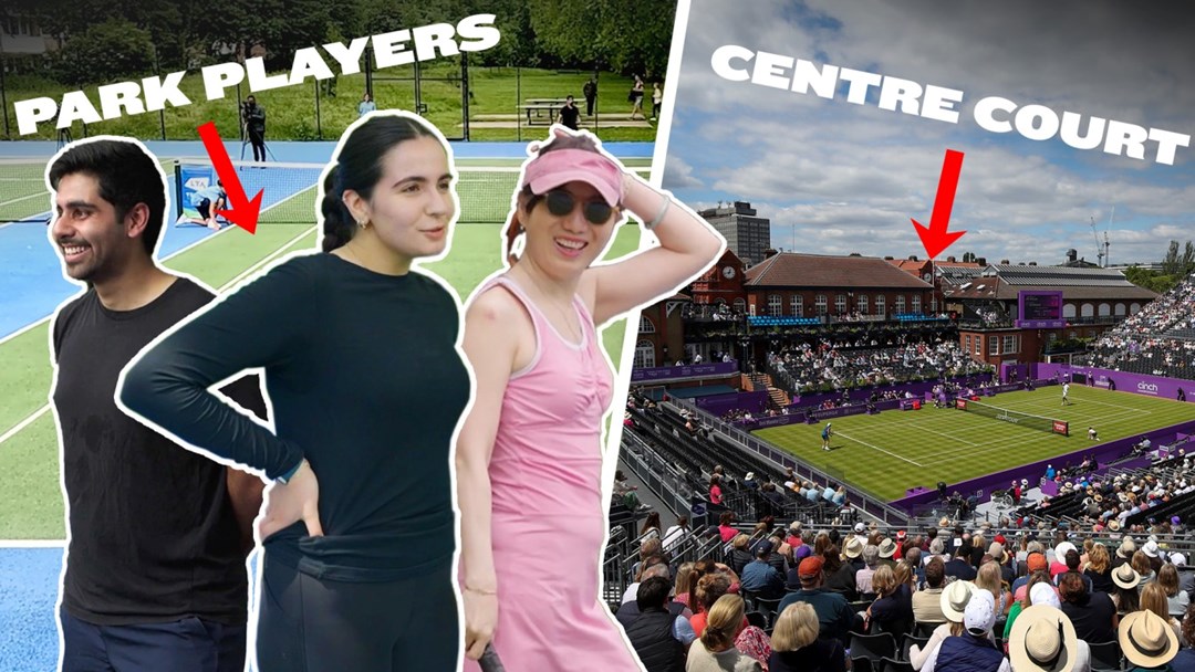 A thumbnail image of three tennis players edited onto a park tennis court with the title 'park players' and a picture alongside it of Centre Court at the cinch Championships at the Queen's Club with text saying 'centre court'