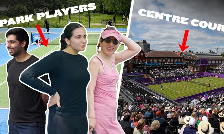 A thumbnail image of three tennis players edited onto a park tennis court with the title 'park players' and a picture alongside it of Centre Court at the cinch Championships at the Queen's Club with text saying 'centre court'