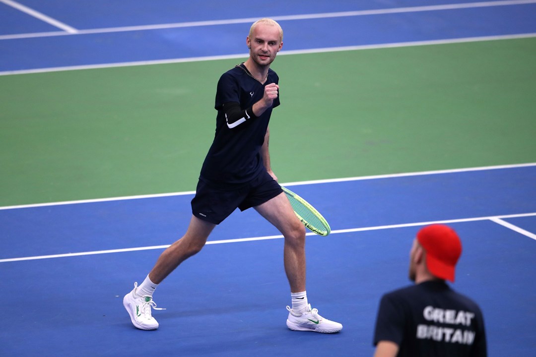 BOLTON, ENGLAND - NOVEMBER 12: Adam Brownsword celebrates during the Learning Disability Tennis National Finals at Bolton Arena on November 12, 2023 in Bolton, England.