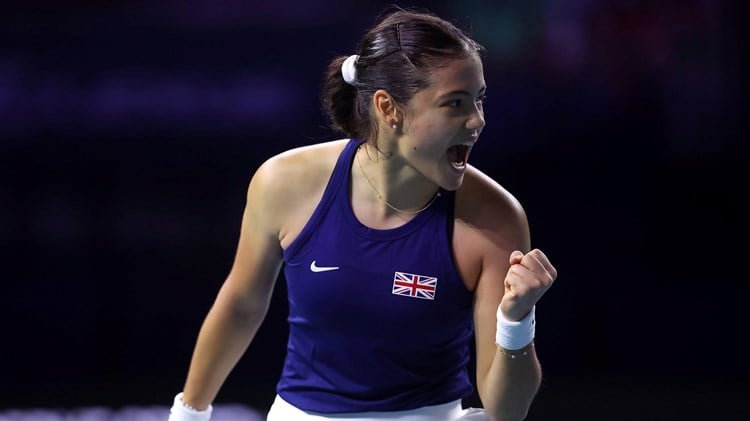 Emma Raducanu cheers in her win over Jule Niemeier at the Billie Jean King Cup