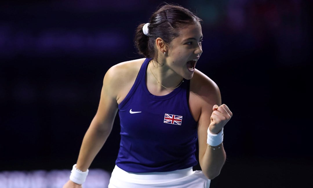 Emma Raducanu cheers in her win over Jule Niemeier at the Billie Jean King Cup