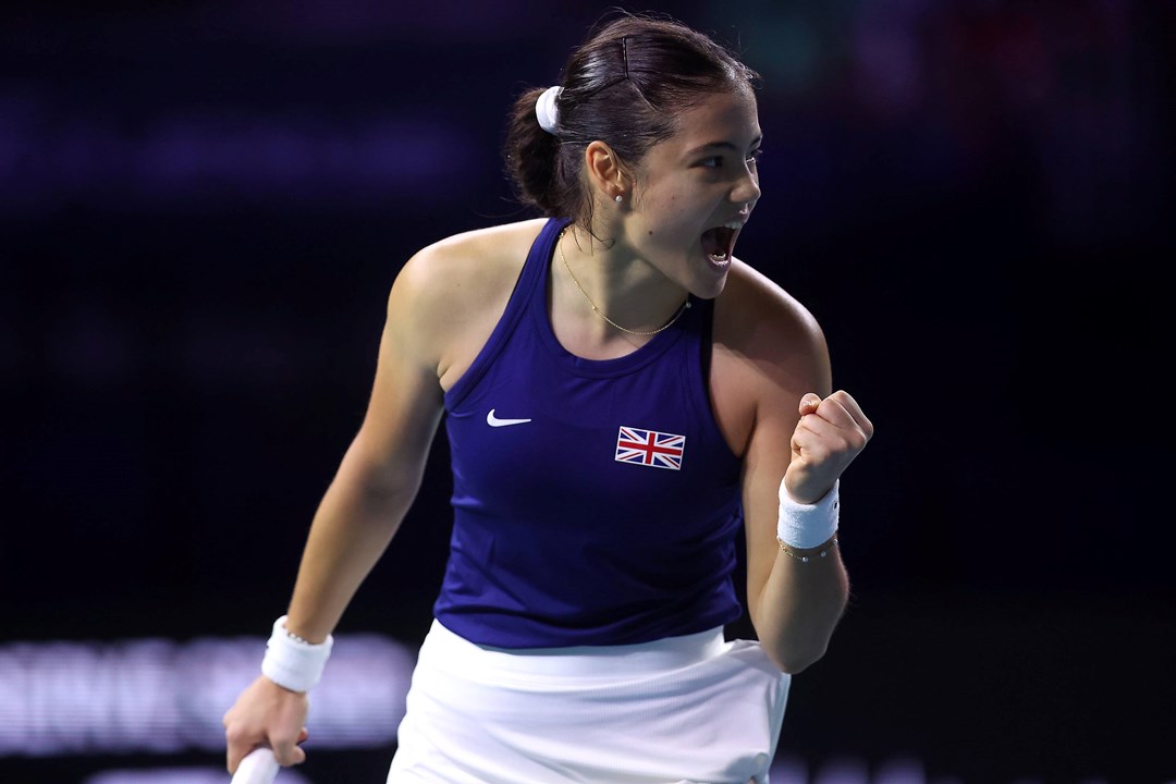 Emma Raducanu cheers in her win over Jule Niemeier at the Billie Jean King Cup