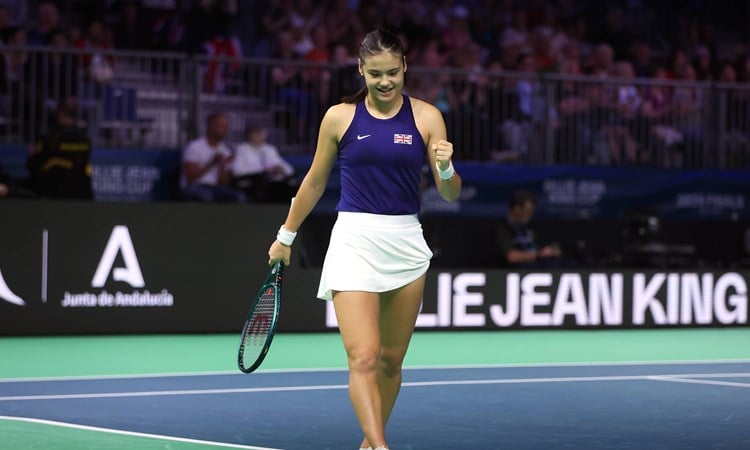 Emma Raducanu smiles during her victory against Jule Niemeier at the Billie Jean King Cup