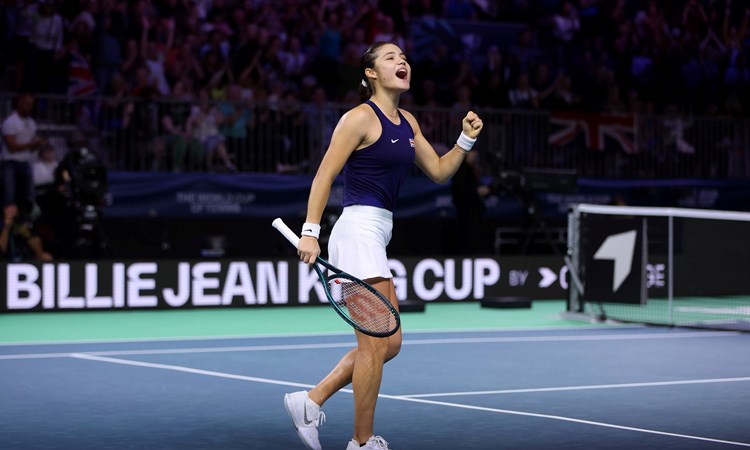 Emma Raducanu cheers after beating Jule Niemeier at the Billie Jean King Cup