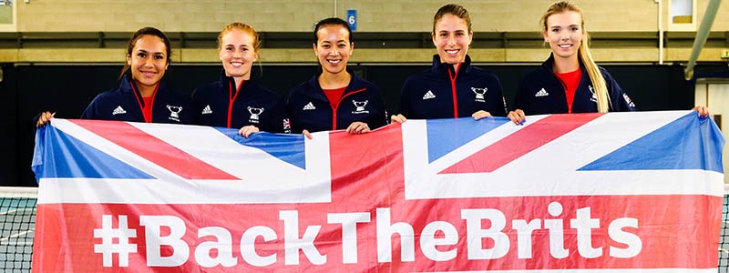 GB tennis players holding 'back the brits' union jack flag