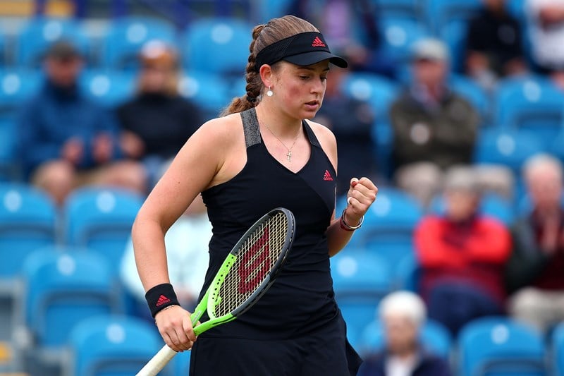 Jelena Ostapenko celebrating a winning tennis shot