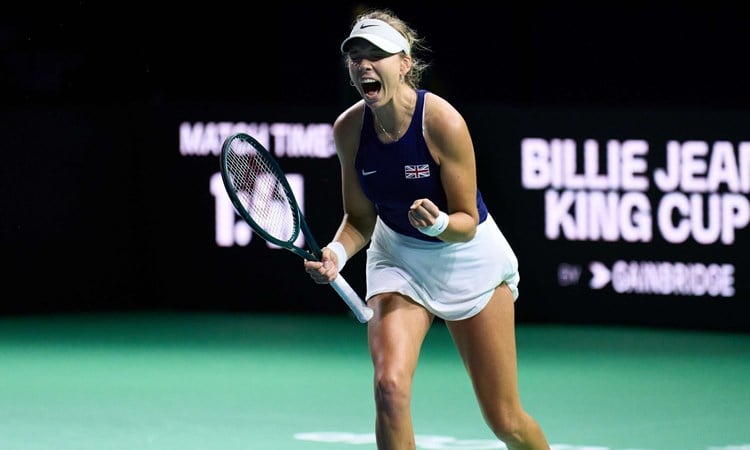 Katie Boulter roars in celebration after beating Leylah Fernandez at the Billie Jean King Cup