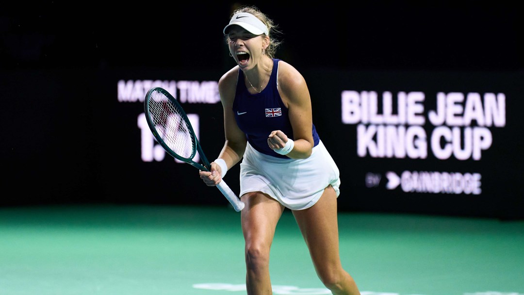 Katie Boulter roars in celebration after beating Leylah Fernandez at the Billie Jean King Cup